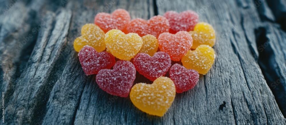 Poster Colorful heart-shaped candies arranged on a rustic timber backdrop creating a charming and sweet visual display for romantic themes.