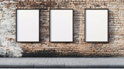 Three empty frames on a rustic brick wall, inviting creativity and personalization in a unique urban setting.