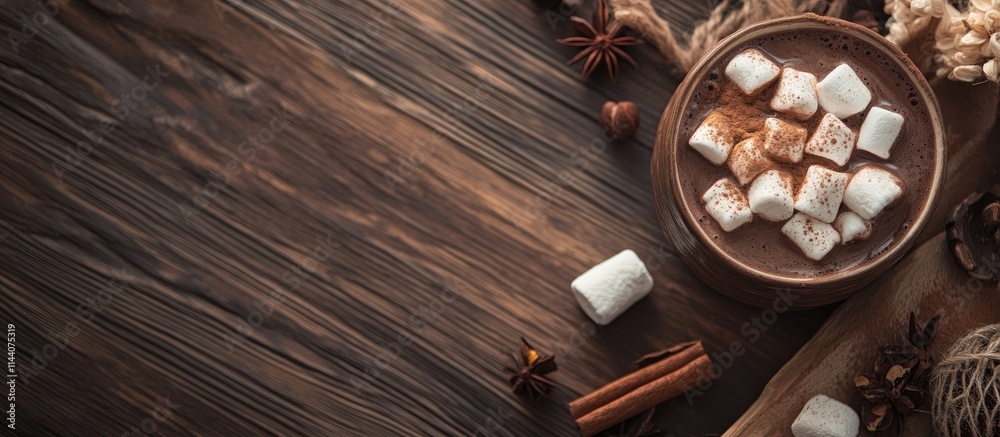 Poster cozy hot chocolate with marshmallows and spices served on a rustic wooden table surrounded by winter