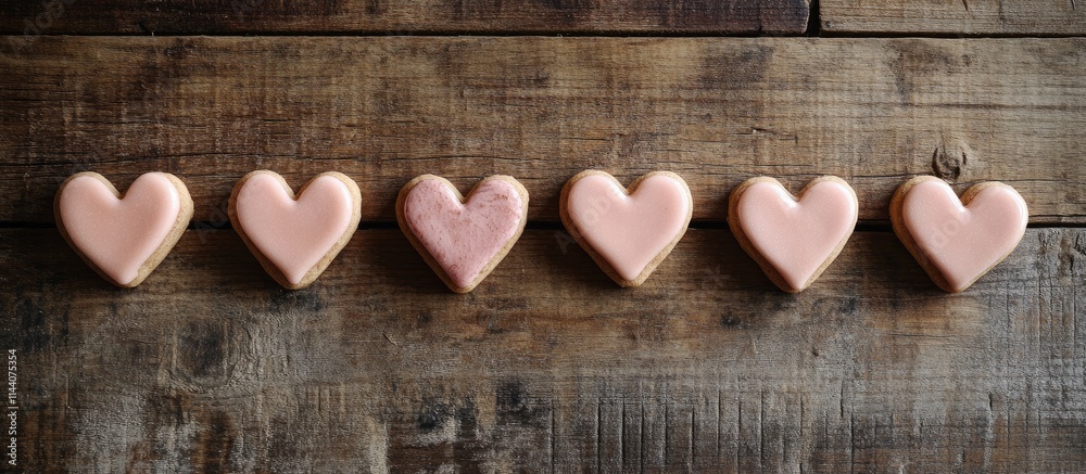 Poster heart shaped cookies decorated for valentine's day arranged on a rustic wooden table seen from above