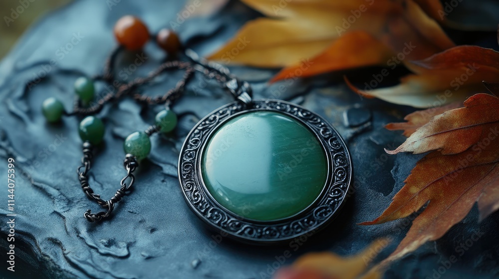 Poster Elegant handmade jade pendant with intricate silver detailing surrounded by autumn leaves on a textured stone background.
