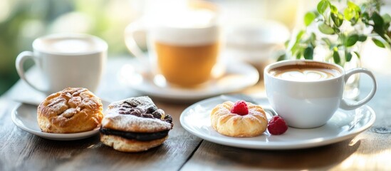 Fototapeta premium Warm morning coffee with pastries and tea served on a wooden table in a cozy cafe setting.