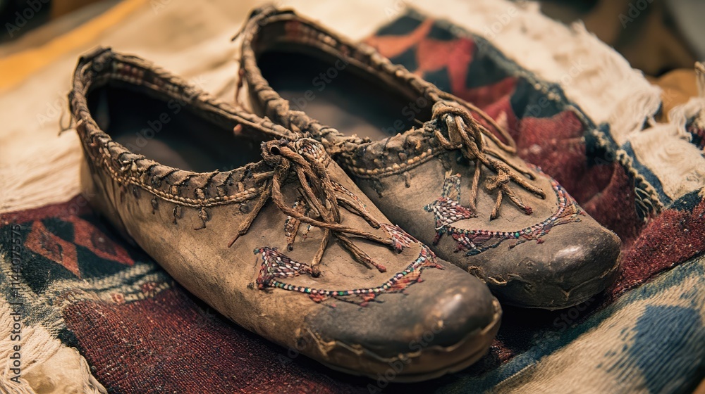Aufkleber authentic vintage peasant shoes displayed creatively for decorative purposes in a rustic setting