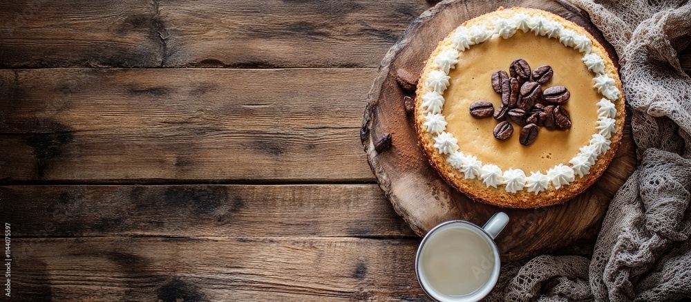 Poster homemade cake with coffee cup on rustic wooden table surrounded by warm textiles and natural texture