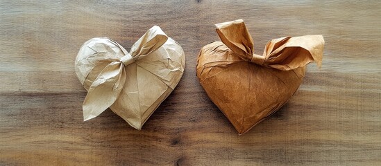 Paper hearts adorned with bows placed on a rustic wooden surface showcasing handmade craft and decoration ideas for special occasions.