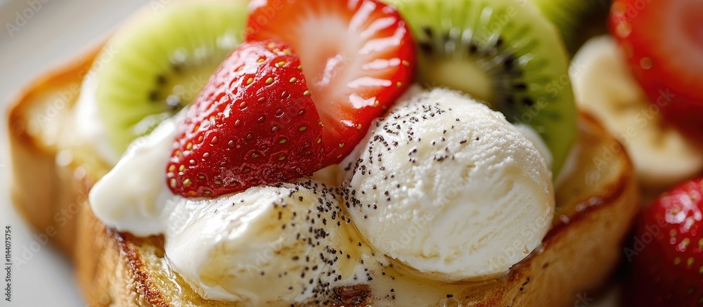 Poster honey butter toast with vanilla ice cream topped with fresh fruits like strawberry kiwi and whipped 
