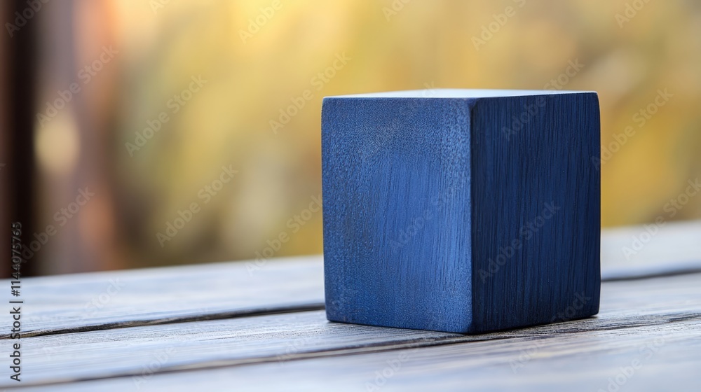 Aufkleber handcrafted wooden cube calendar in classic blue color on a rustic wooden surface with a blurred nat