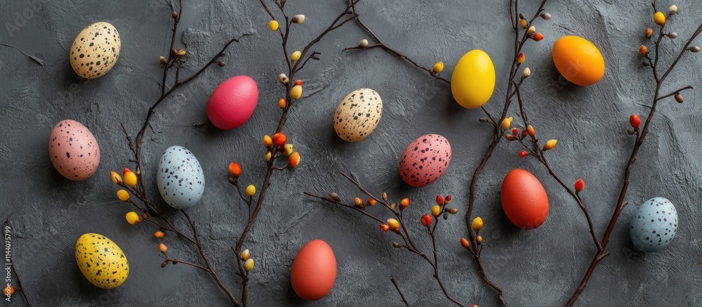 Aufkleber Multicolored Easter eggs and budding branches arranged on a gray backdrop creating a festive flat lay composition with ample copy space.
