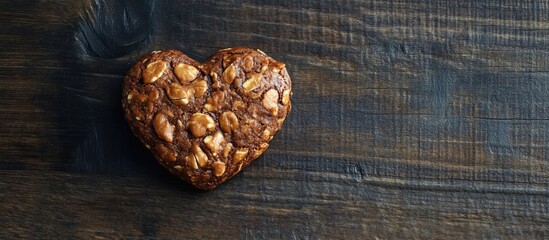 Obraz premium Heart shaped snack placed on dark wooden surface with ample copy space for romantic or culinary themes.
