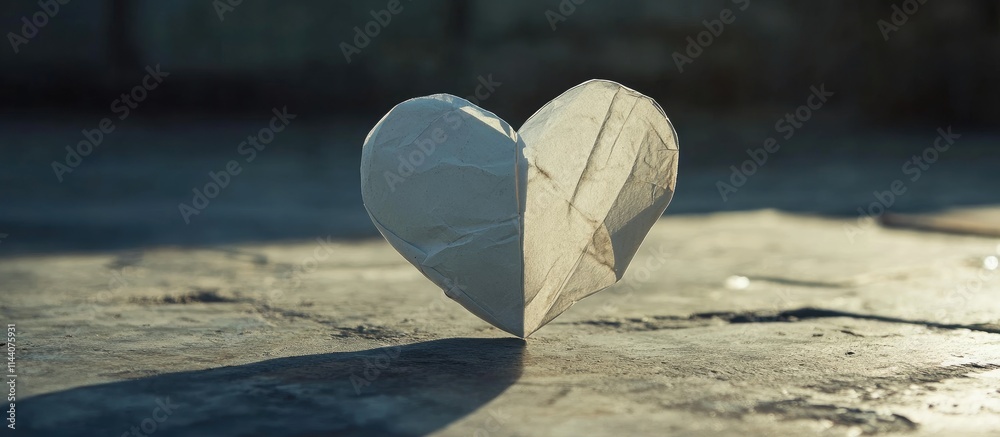 Poster Heart shaped paper symbolizing love and affection on a textured table surface illuminated by soft natural light.