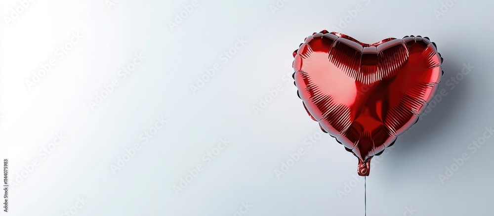 Poster heart shaped red foil balloon on left side with blank space for text symbolizing love and celebratio