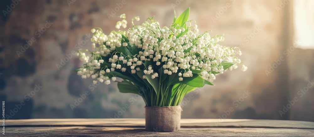 Poster springtime bouquet of lily of the valley on rustic backdrop captured in gentle morning light perfect
