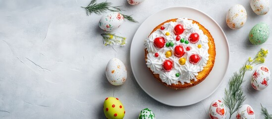Easter celebration flat lay featuring a festive cake adorned with colorful decorations and beautifully painted eggs on a grey background