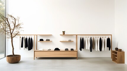 Minimalist and Neatly Arranged Fashion Items and Accessories Displayed in a Calm and Harmonious Retail Store Layout