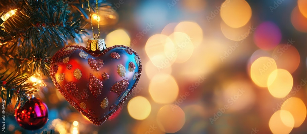 Aufkleber vibrant heart-shaped christmas ornament hanging on a festive tree with a colorful glowing bokeh back