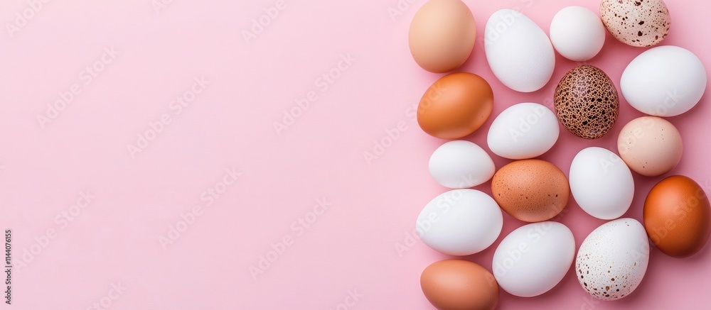 Poster assorted hen and quail eggs on a pink background with ample copy space healthy food concept top view