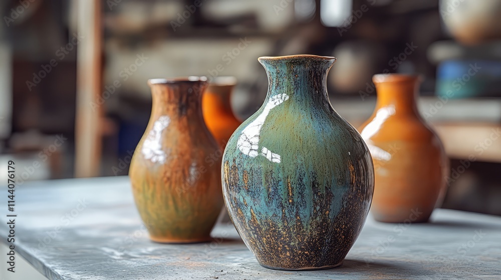 Poster Handcrafted ceramic vases displayed in a rustic studio setting showcasing unique glazes and textures for artistic inspiration.