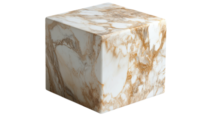 A textured cube made of luxurious marble showcasing rich golden veins against a transparent background for design inspiration.