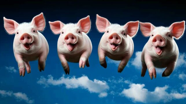 Four pigs are flying in the sky