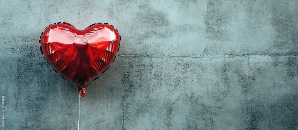 Poster romantic heart-shaped red foil balloon against a textured gray background with space for text and me