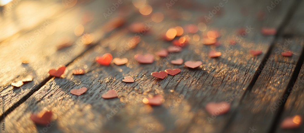 Aufkleber hearts confetti scattered on rustic wooden surface symbolizing love and romance in a soft warm light