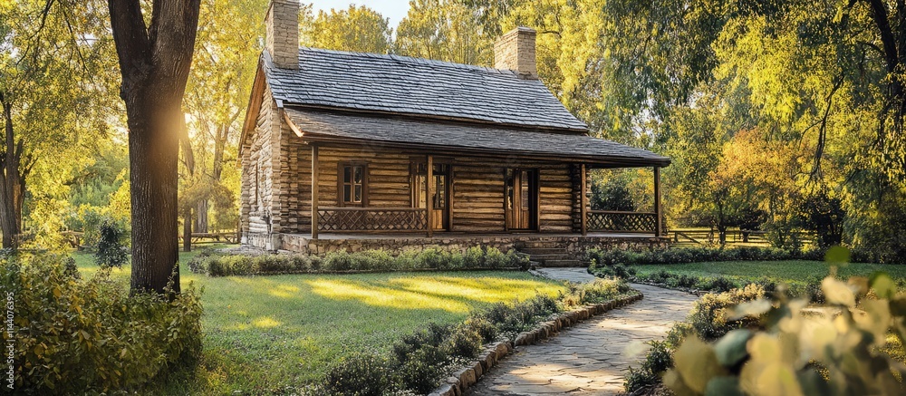 Poster rustic historical cottage surrounded by lush greenery highlighting architectural significance and he