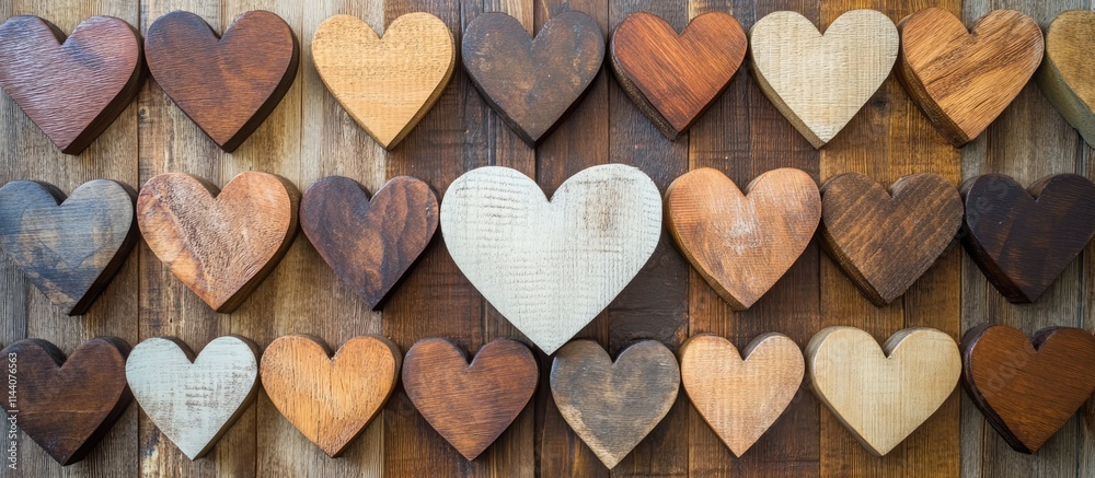 Poster wooden heart shapes arranged on a rustic wooden backdrop creating a romantic and cozy atmosphere for