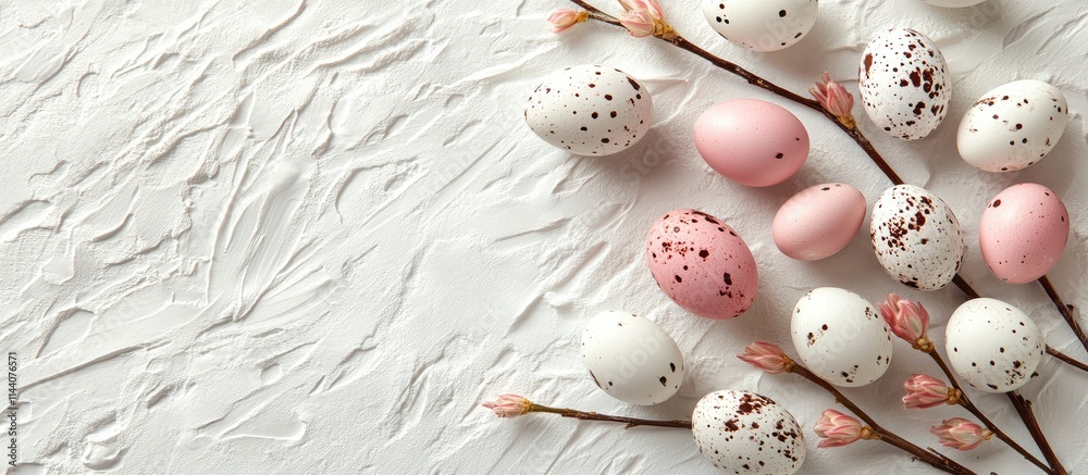 Aufkleber easter holiday backdrop with pink and white quail eggs and catkins on a textured white surface viewe
