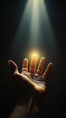 Hand Reaching for Ray of Light in Dark Environment, Symbolizing Hope