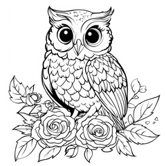 Simple Owl and Roses Coloring Page for Kids: Easy Fun Educational Activity