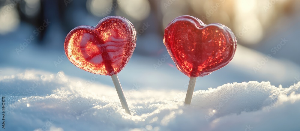 Poster Heart shaped peppermint lollipops in fresh snow creating a festive winter scene with a warm glow in the background