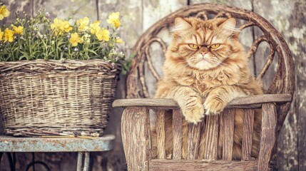 A regal cat lounging on a rustic chair with flowers.
