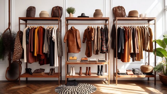 Beautifully curated collection of various high end fashion items including clothing accessories and textiles artfully arranged on wooden racks in an elegant boutique setting