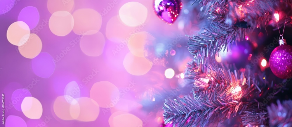 Poster Festive bokeh lights and Christmas tree decorations creating a vibrant holiday atmosphere with sparkling colors and warmth in blurred background