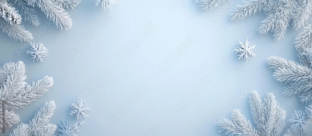 Aufkleber Winter holiday decor with snowflakes and frosted pine branches creating a festive greeting card background with empty space for messages.