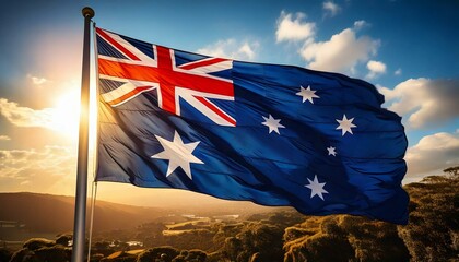 Australian flag waving in the wind, 3D: vector material for banners, thumbnails and eye-catching images：Australian sunrise and wilderness background.