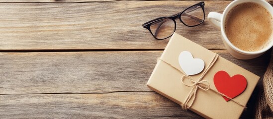 Father's Day celebration with a coffee cup, gift box, heart tags, notebook, and glasses on a rustic wooden table background.