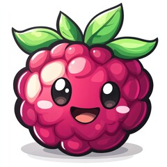 Cute cartoon raspberry with happy face and green leaves.