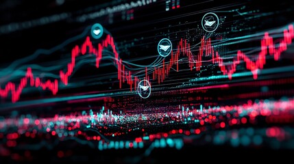 market fluctuations visualized with holographic agreement symbols in a futuristic tech style design  Financial data displayed on a digital interface showcasing trends analytics
