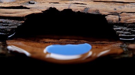 Hidden Blue Oasis: A captivating close-up of a weathered log reveals a small pool of vibrant blue liquid nestled within a dark, cavernous crevice.