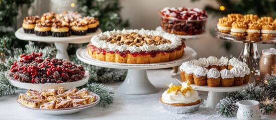 Fototapeta premium Festive Table of Assorted Holiday Desserts and Baked Treats Surrounded by Holiday Decor