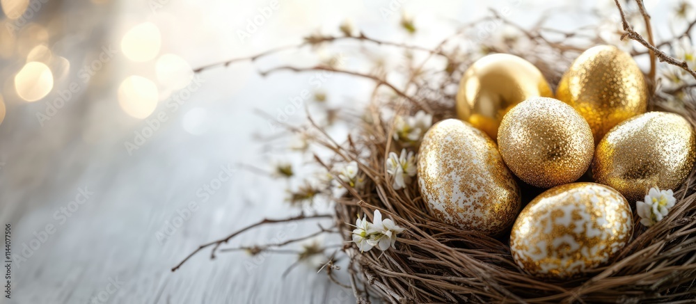 Poster happy easter background banner showcasing golden easter eggs nestled in a natural nest on a rustic w