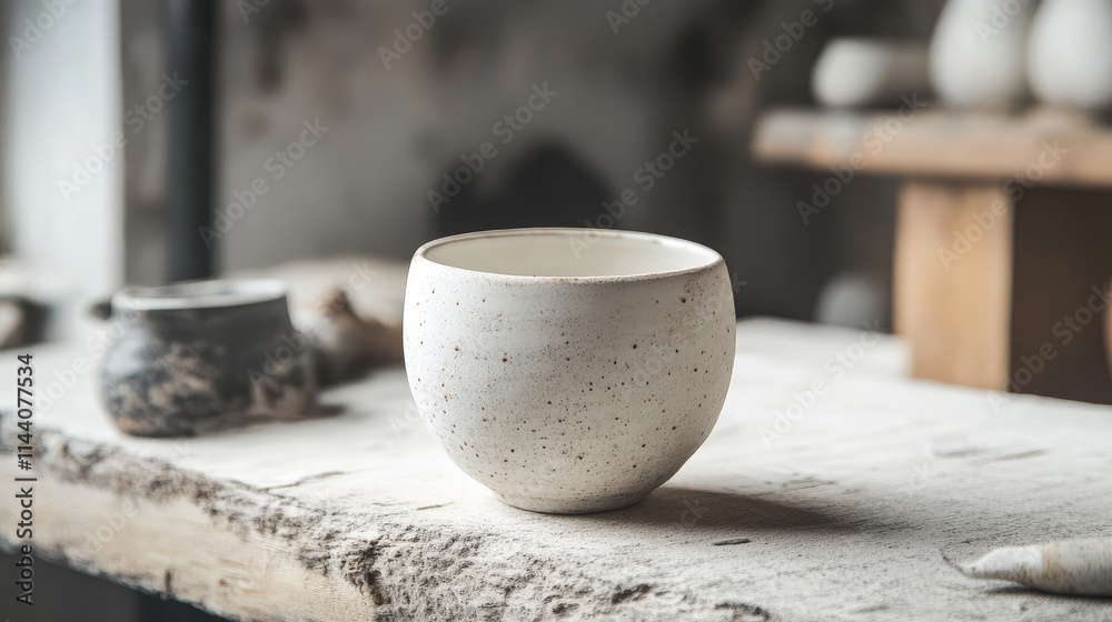 Aufkleber handcrafted porcelain cup displayed on rustic wooden table in artisan workshop setting