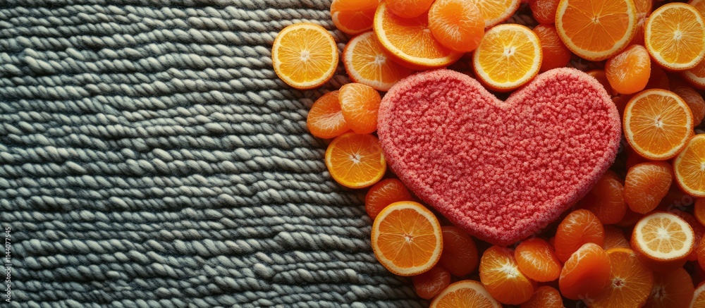 Poster Creative heart shape made from lollipops and oranges on a textured rug with space for customizable text or messages in a vibrant setting