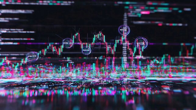 Futuristic market display with holographic agreement symbols and a glitchy tech style cityscape backdrop representing the volatility and uncertainty of financial data and trading