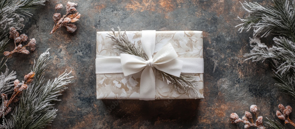Poster Handmade holiday gift wrapped with white ribbon on textured backdrop surrounded by greenery and pine cones flat lay with copy space for text