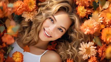 Naklejka premium Autumn Beauty: Woman with Golden Hair Surrounded by Orange Flowers