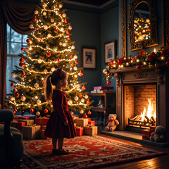 A child s wonder in a cozy christmas living room with a glowing tree and fireplace, photography of lifestyle concept.