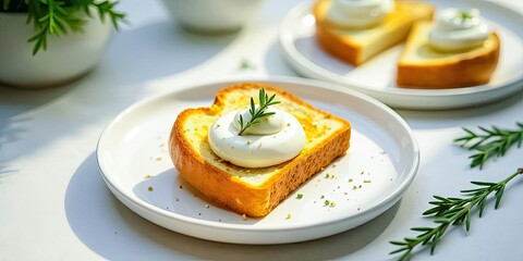 A single slice of toasted bread topped with a dollop of creamy spread and a sprig of fresh herb, presented on a minimalist white plate, bathed in soft sunlight
