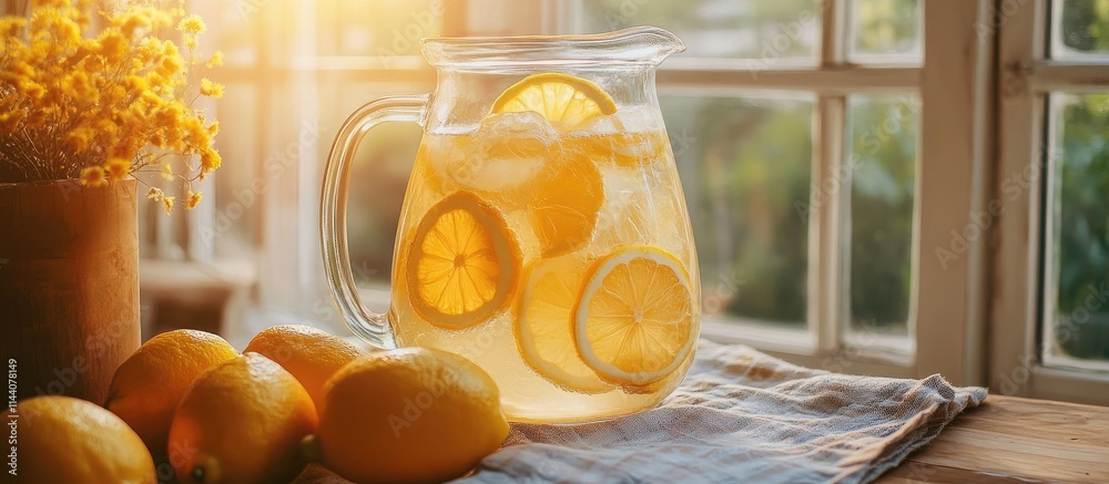 Poster refreshing homemade lemonade in a glass pitcher with lemon slices and a cozy sunny interior setting